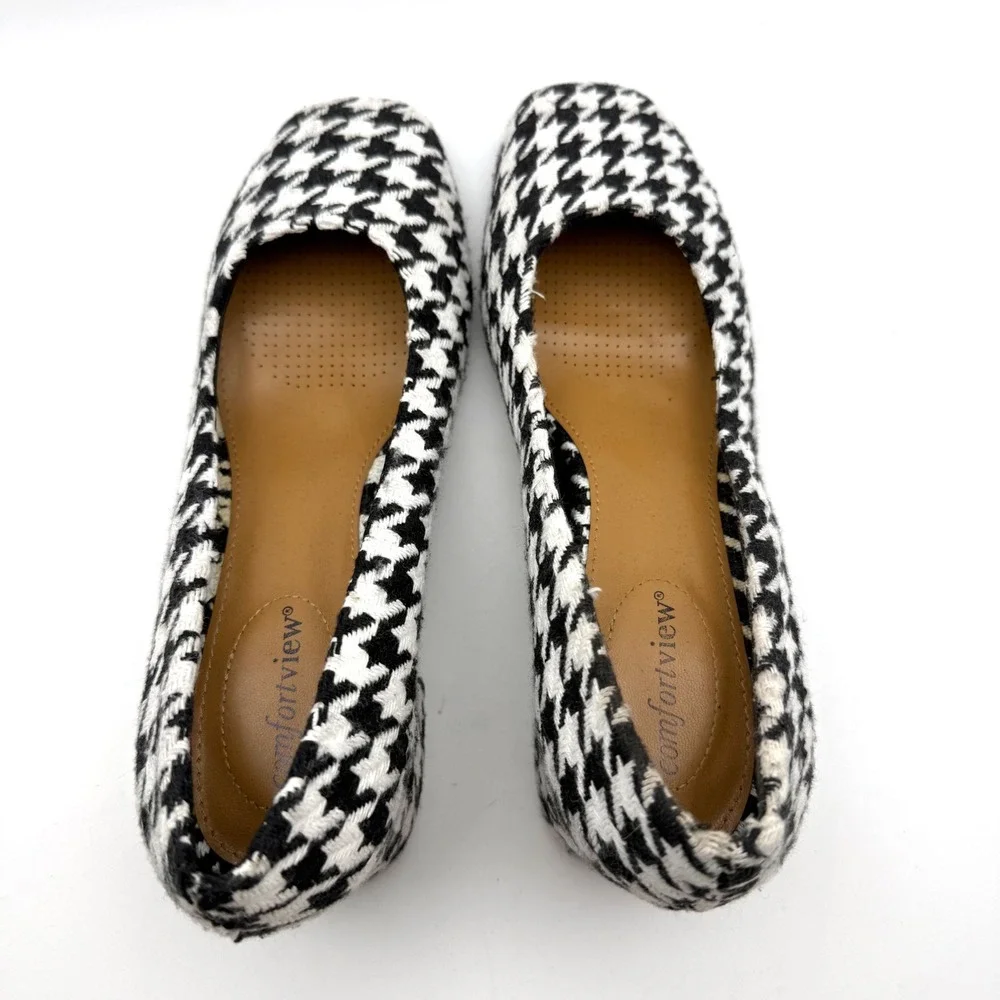 Comfortview Marisol Houndstooth Block Heel Pumps Black White Square Toe Shoes 9M